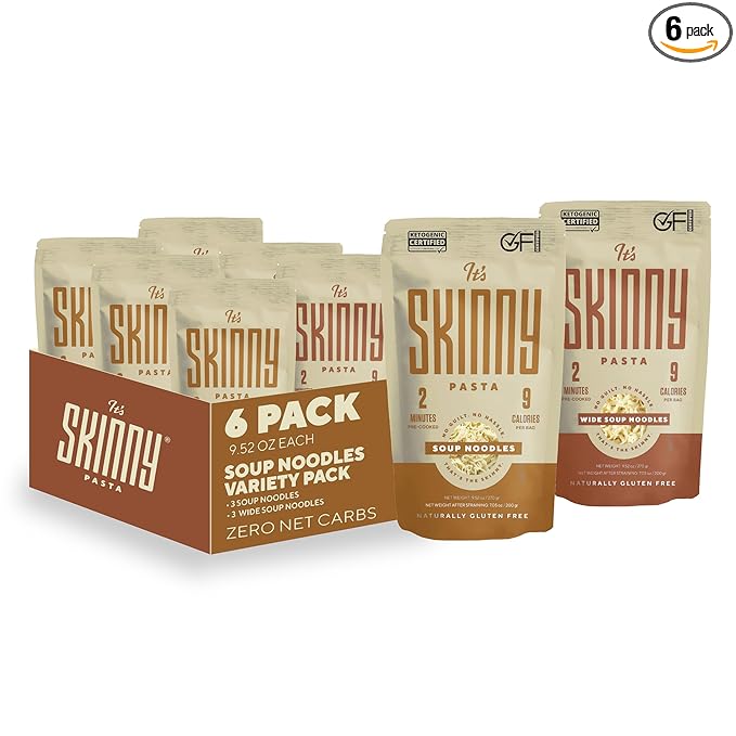 It’s Skinny Pasta Variety Pack – 3 Soup Noodles and 3 Wide Soup Noodle Low Sodium Low Carb Pasta Gluten Free Keto &amp Vegan-Friendly Shirataki Konjac 4.5 Calories Ready in 2 Minutes (6 Packs)