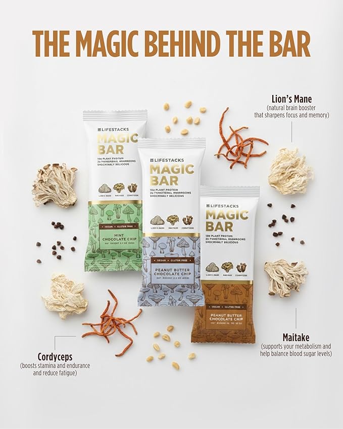Lifestacks Magic Bar Functional Mushroom Energy Bars – 10g Plant-Based Protein with Lion’s Mane Cordyceps &amp Maitake | Adaptogen Superfood Blend | Made in USA | 12-Pack Variety Box