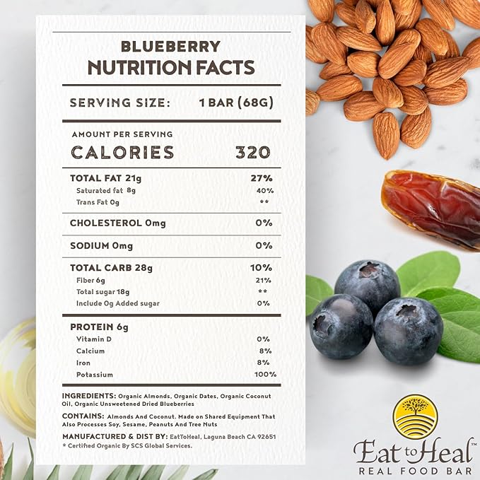 EatToHeal Blueberry Real Food Bar - Organic Protein Bars Vegan Food Healthy Gluten Free Protein Food - Low Sugar Protein Bars Non GMO Never Baked Plant Based Organic Snacks - Crafted to Enjoy