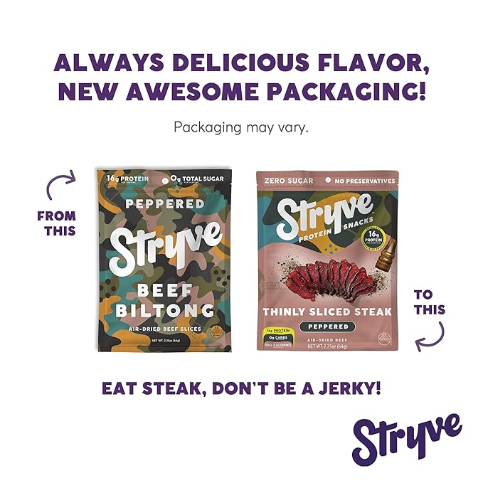 Stryve - Better Than Jerky Steak Snacks Protein Rich Beef Biltong | 36g Protein Sugar Free Carbs Free Gluten Free Dairy Free Keto &amp Paleo Friendly | Peppered Pack Of 4
