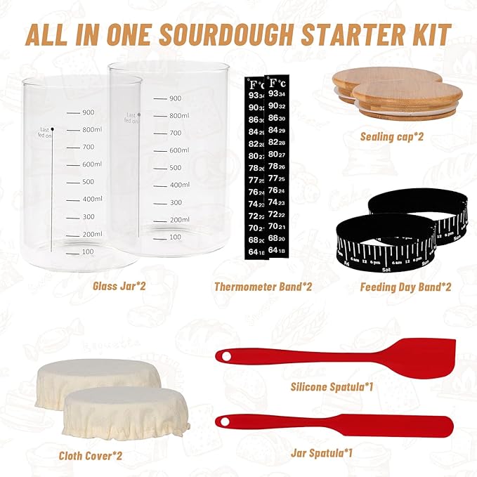 Pro Sourdough Starter Jar Kit 2 Packs-35 Oz Sourdough Bread Starter Jar Kit with Date Marked Feeding BandThermometerSpatulaCloth Cover&amp Lid for Sour Dough Bread Loaf (2 Pcs)