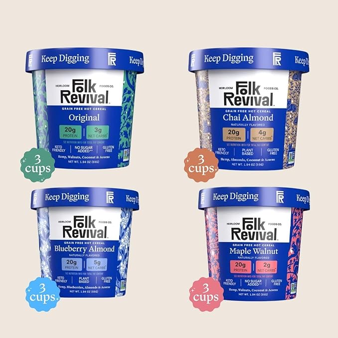Folk Revival Keto Instant 'Oatmeal' Variety Pack - 20g of Protein Low Carb High Fiber 3 Blueberry 3 Maple Walnut 3 Chai Almond 3 Original - 12 Cups Per Case