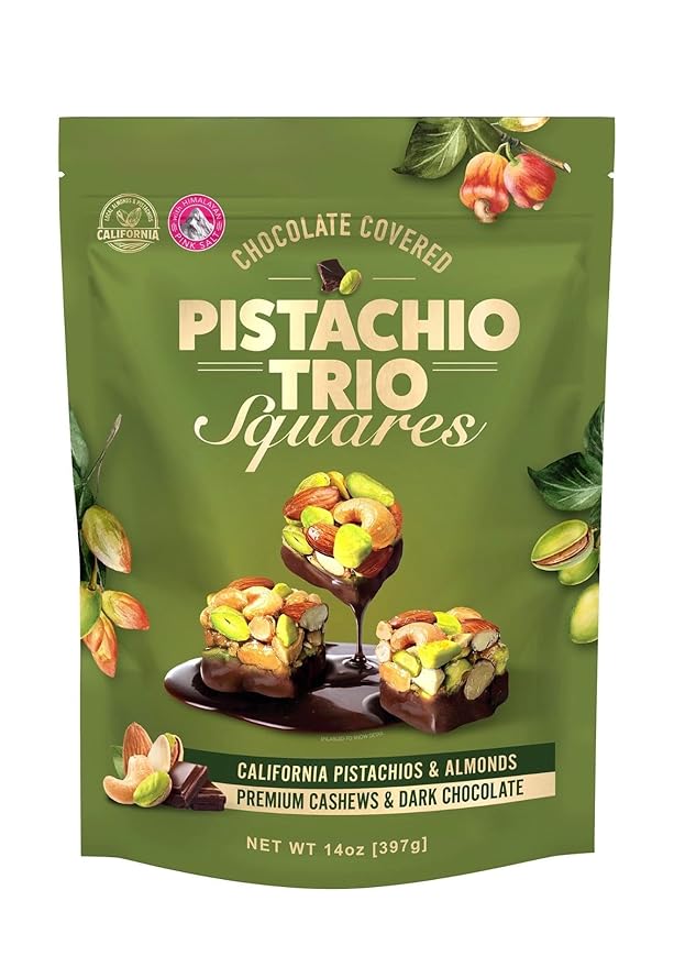 Pistachio Trio Squares Chocolate Covered California Pistachios Almonds Premium Cashews Dark Chocolate 14ozResealable1-pack