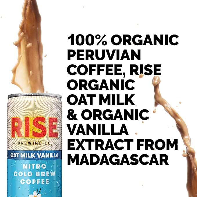 RISE Brewing Co. Vanilla Oat Milk Nitro Cold Brew Coffee No Sugar Added &amp No Dairy Organic &amp Non-GMO Low Acidity &amp Vegan 7 Fl. Oz. Cans