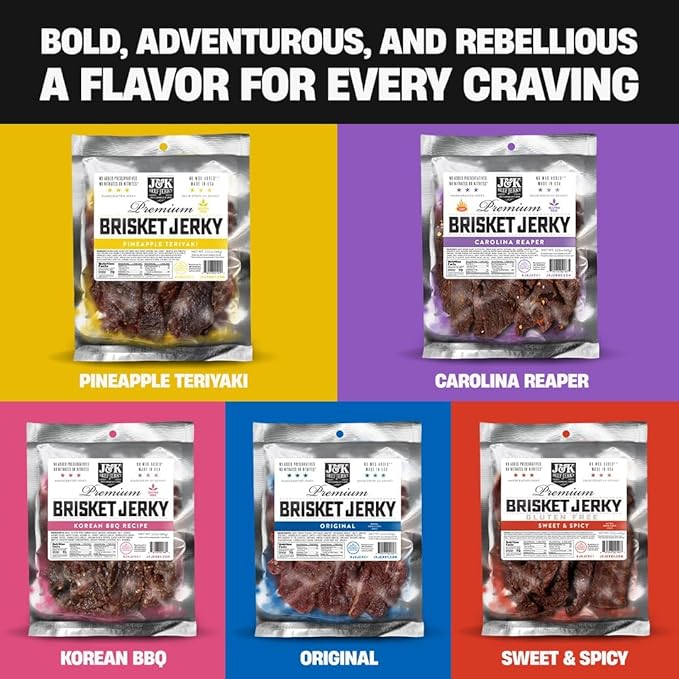 J&ampK Beef Brisket Bundle – 5 Bold Flavors Handcrafted &amp Double Tenderized 100% USDA Premium Beef Brisket 7oz Bags – Perfect for On-the-Go Snacking &amp Adventure