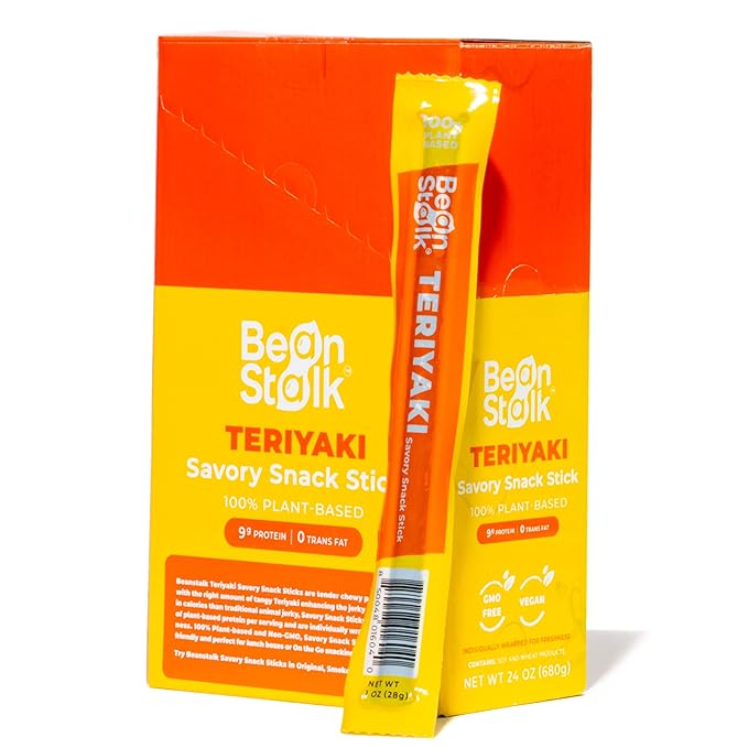 Bean Stalk Savory Snack Sticks Teriyaki Flavor| Plant Based Meatless Vegan Jerky Snacks | High-Protein 9g each | Non-GMO | Vegetarian | Perfect On-the-Go Snack | 24 pack