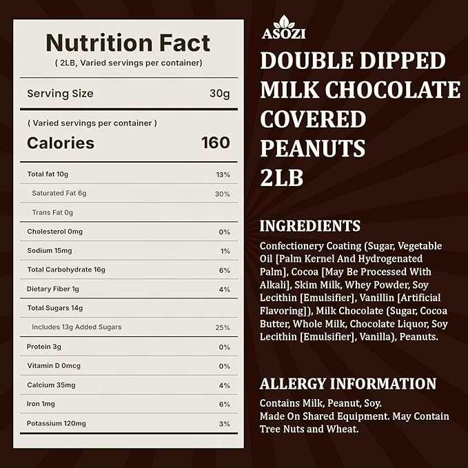 Double Dipped Milk Chocolate Covered Peanuts 2LB Resealable Bag – Extra Thick Chocolate Coating Crunchy Premium Peanuts Bulk Candy Snack for Parties Baking &amp Gifting ASOZI