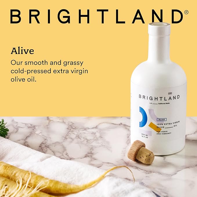 Brightland Extra Virgin Olive Oil Alive - High Polyphenol Cold-Pressed Oil Ideal for Salads Hummus Baked Goods &amp Bread - Made from Arbosana Arbequina &amp Koroneiki Olives - 12.7 Fl Oz
