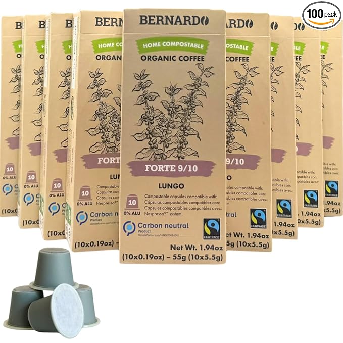 Bernardo FORTE Lungo Biodegradable Capsules Compatible with Nespresso Original Line Intensity 9/10 USDA Organic Home Compostable Capsules. 100 Count (10 Boxes of 10 Lungo Pods)