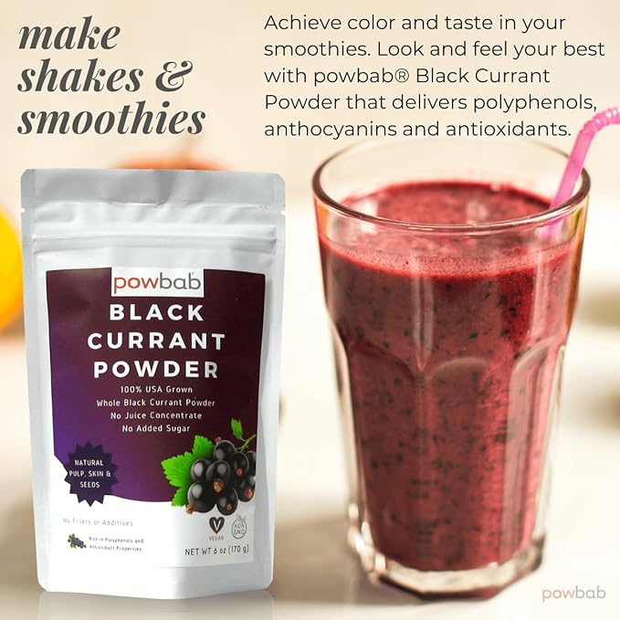 powbab Black Currant Powder - 100% USA Grown Whole Black Currants. No Juice Concentrate No Added Sugar. Made in USA from Dried Currants Unsweetened. Not Freeze Dried. Non-GMO No Maltodextrin. (6 oz)