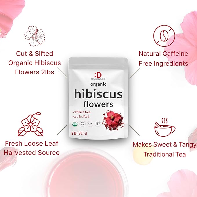 Dried Organic Hibiscus Flowers 2 Pounds – Cut &amp Sifted Whole Leaves – Loose Leaf Flower Source – Raw Flavor &amp Aroma Great for Refilling Tea Bags – Caffeine Free No Sugar Non-GMO