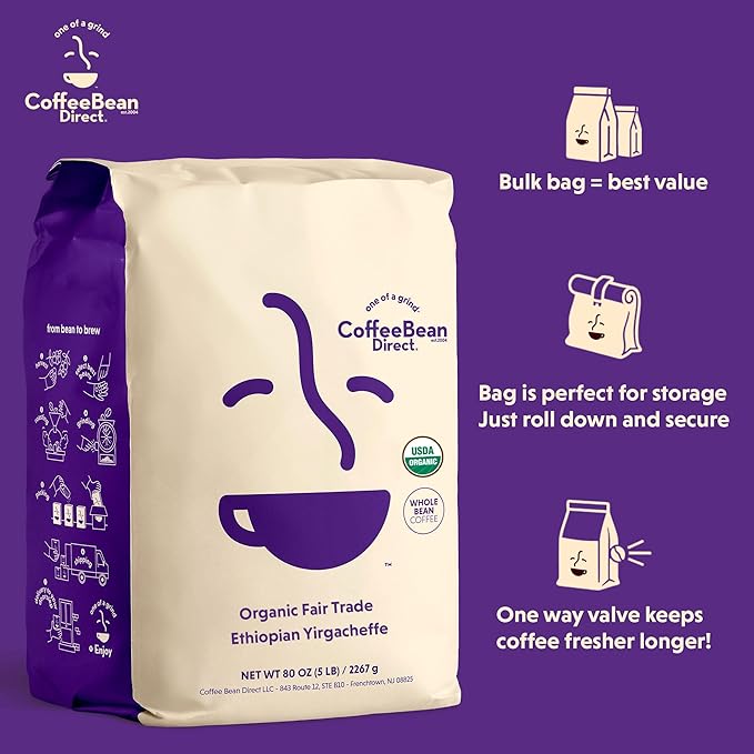 Coffee Bean Direct Organic Fair Trade Ethiopian Yirgacheffe Whole Bean Coffee Light Roast 5 Pound Bag (Pack of 1)