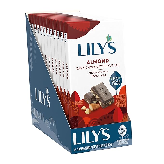 LILY'S Almond Dark Chocolate Style No Sugar Added Sweets Bars 3 oz (12 Count)