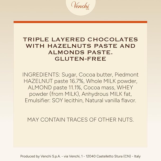 Venchi - Classic Cremino Chocolates Gianduia and White Chocolate Flavor Chocolate Candy Bulk Gluten-Free 2.2 lb Bag