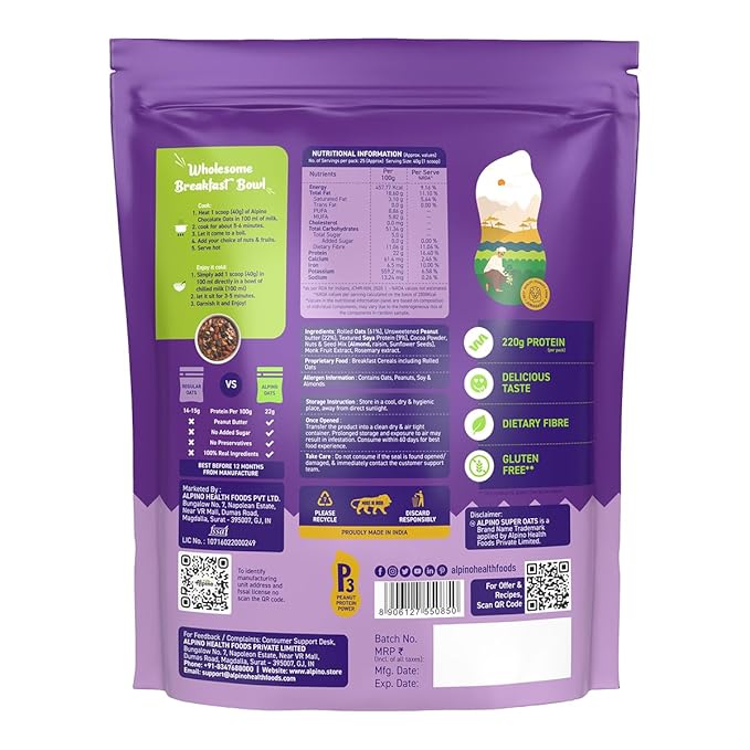 ALPINO Peanut Butter Super Oats Chocolate | 21% High Protein | Made with Rolled Oats Chocolate Peanut Butter &amp Cocoa | No Added Sugar &amp Salt | Gluten-Free | Vegan (35.2 oz)