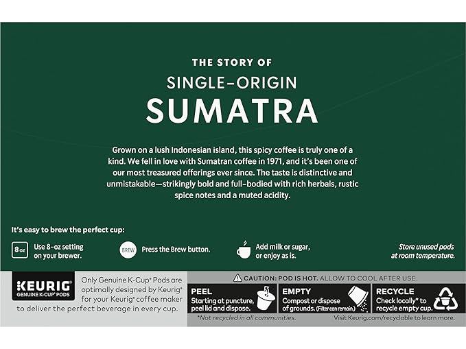 Starbucks Coffee K-Cup Pods Single-Origin Sumatra Coffee Dark Roast 100% Arabica Coffee Keurig Genuine K-Cup Pods 10 CT K-Cups/Box (Pack of 3 Boxes)