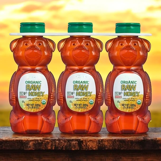 Organic Raw Honey 3-Pack (24 oz Each) – 100% Grade A USDA Organic Product of Brazil Honey Bear Plastic Jars 72 oz Total
