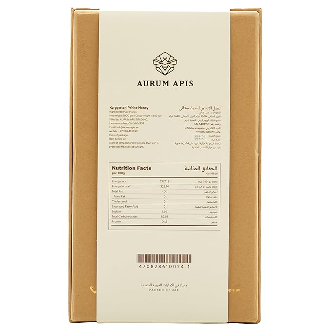 Aurum Apis Raw Kyrgyzstani White Honey 100% Raw &amp Unfiltered Pure Honey Hand Harvested Organic Honey Non-GMO Unprocessed Thick Honey with Creamy Texture Delicate Flavor &amp Aroma – 1kg Hone