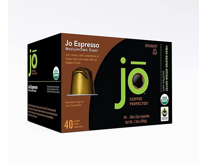 JO ESPRESSO: 40 Organic Nespresso Original Pods Compatible Original Line Compatible Fair Trade Certified Recyclable Medium/Dark Italian Roast with Thick Crema Crafted for Authentic Espresso