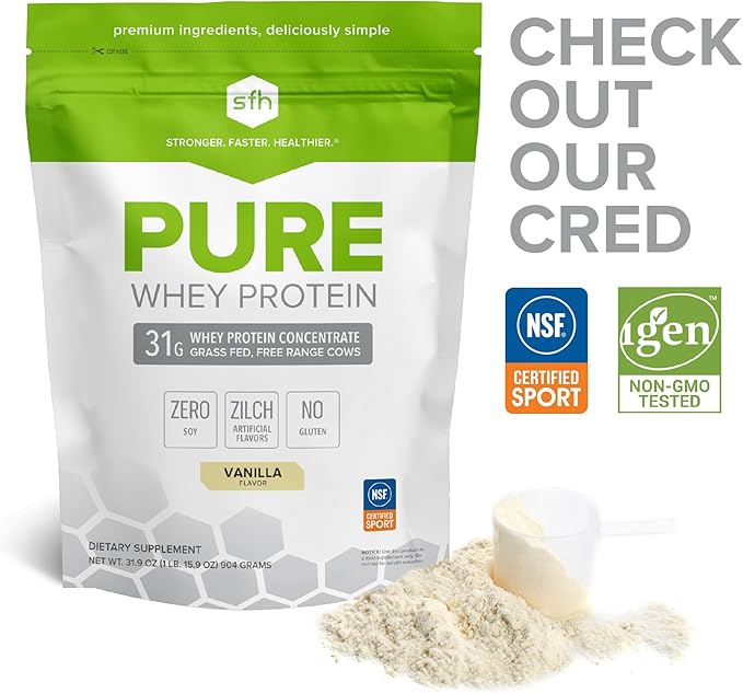 SFH Grass Fed Whey Protein Powder | Natural Whey Protein Concentrate | Non-GMO Soy-Free No Artificial Flavors | Protein Powder for Muscle &amp Recovery | Vanilla | Pack of 1