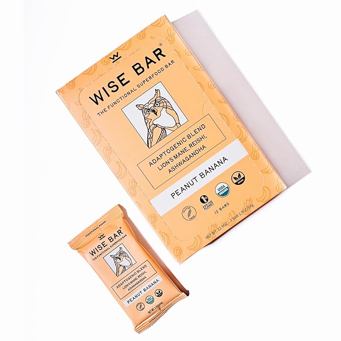 Wise Bar Adaptogen Mushroom Nutrition Bars with Reishi Lions Mane &amp Ashwagandha Organic Vegan &amp Gluten Free Snacks for Natural Focus Energy &amp Immunity Support Peanut Butter Banana 12