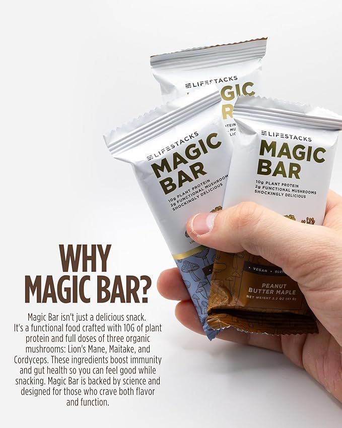 Lifestacks Magic Bar Functional Mushroom Energy Bars – 10g Plant-Based Protein with Lion’s Mane Cordyceps &amp Maitake | Adaptogen Superfood Blend | Made in USA | 12-Pack Variety Box
