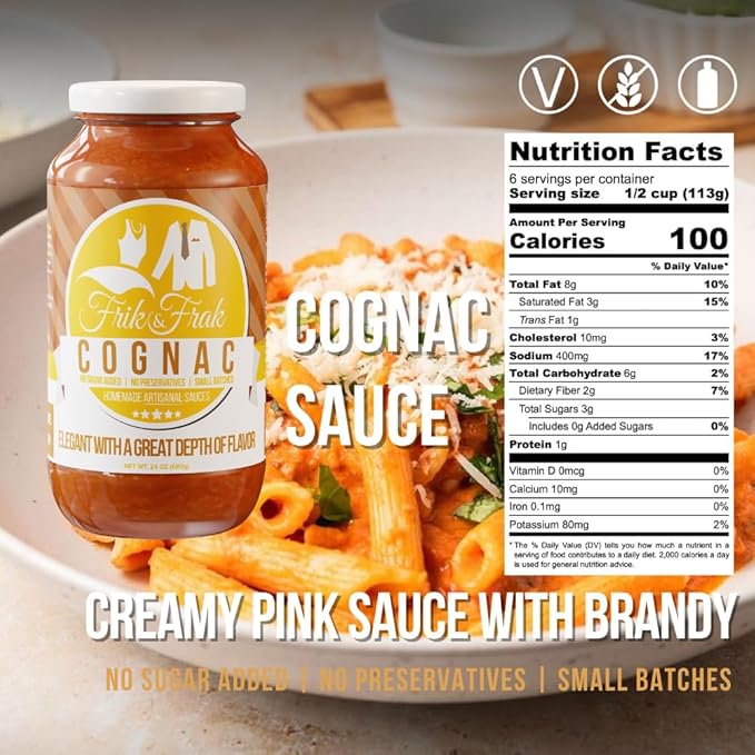 Cognac Pasta Sauce by Frik &amp Frak No Sugar Added No Preservatives Gluten Free 36 Month Shelf Life Artisan Small Batch Crafted Pasta Sauces 24 Oz Jar