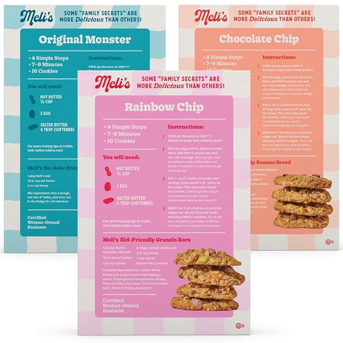 Meli’s Gluten Free Cookie Mix Cookies Variety Pack - Original Monster Chocolate Chip &amp Rainbow Chip High Protein Baking Mix Easy Bake Oven Mixes for Sweet Treats &amp Desserts 16oz Box3-Pac