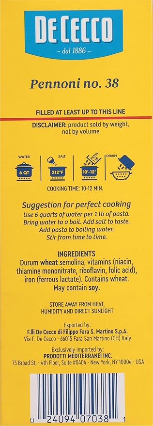 De Cecco Pasta Pennoni No.38 1 Pound (Pack of 12) - Made in Italy High in Protein &amp Iron Bronze die