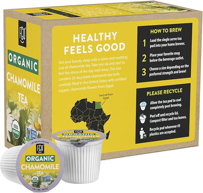 FGO Organic Chamomile Tea K-Cup Pods for Keurig 24 Count (Pack of 1) Naturally Caffeine-Free Herbal Tea USDA Organic Non-GMO &amp Recyclable
