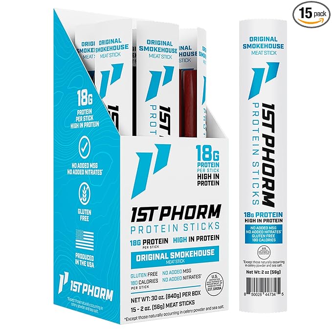 1st Phorm Meat Sticks Original Smokehouse 18G Protein per Serving USA Raised Lean Beef and Pork High Protein Snacks Gluten Free No Msg or Nitrates Individually Wrapped 15 Count