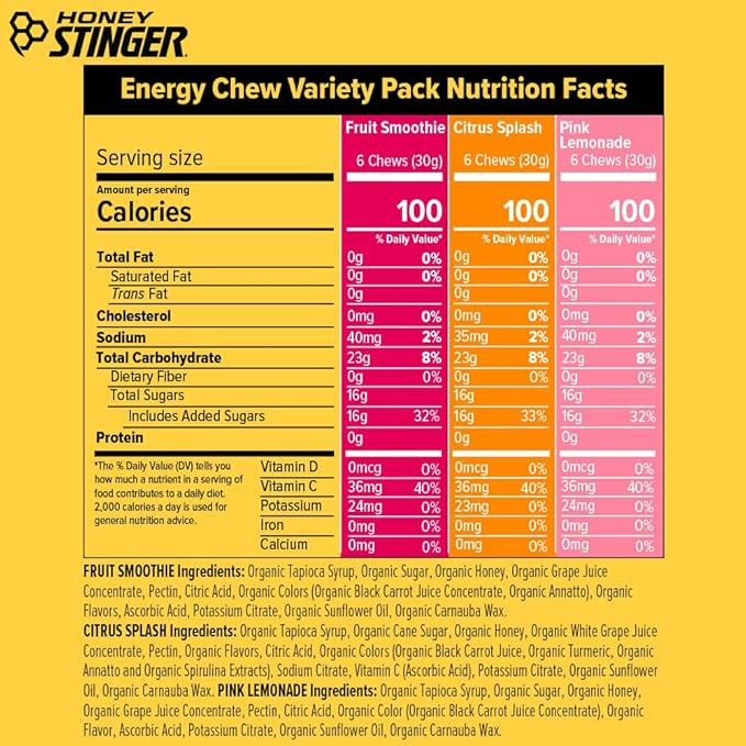 Honey Stinger Organic Energy Chew Variety Pack of 12 4 Pack Each of Fruit Smoothie Citrus Splash and Pink Lemonade Gluten Free &amp Caffeine Free Energy Chews for Exercise Endurance and Performa