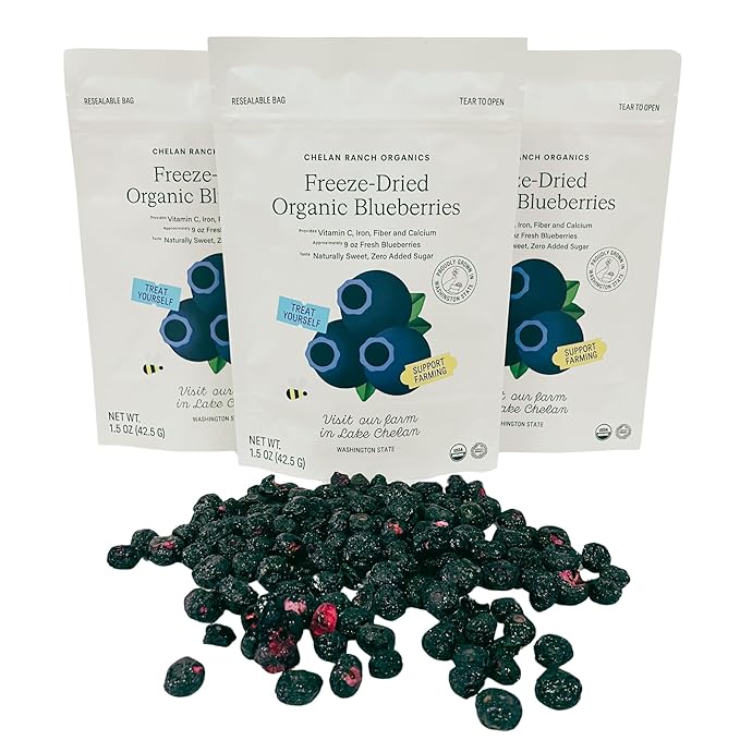 Chelan Ranch Organics Premium Freeze-Dried Organic Blueberries Non-GMO &amp Vegan 1.5 Ounce Bag (12-Pack)