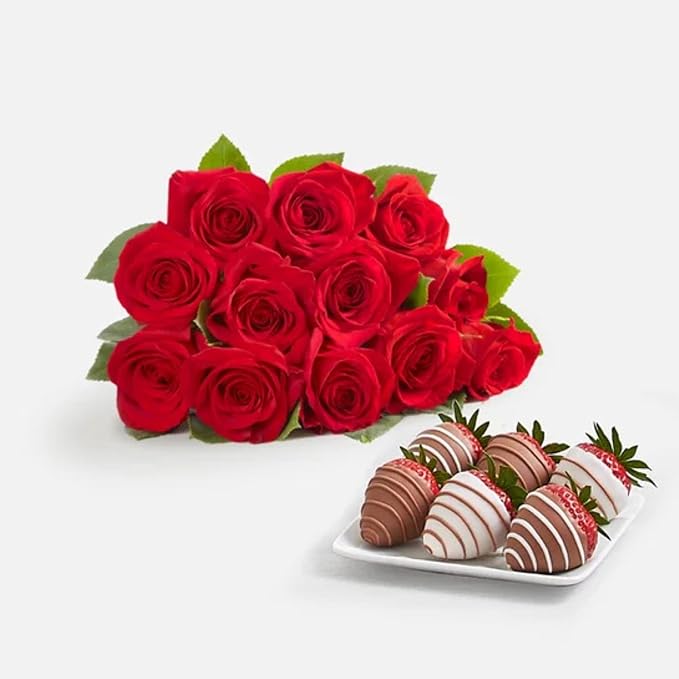 Shari’s Berries 12 Classic Red Roses &amp 6 Chocolate Covered Strawberries Gift Set | Chocolate &amp Fresh Flower Gift Box | Valentine's Day Anniversary Celebrations &amp Thank You’s