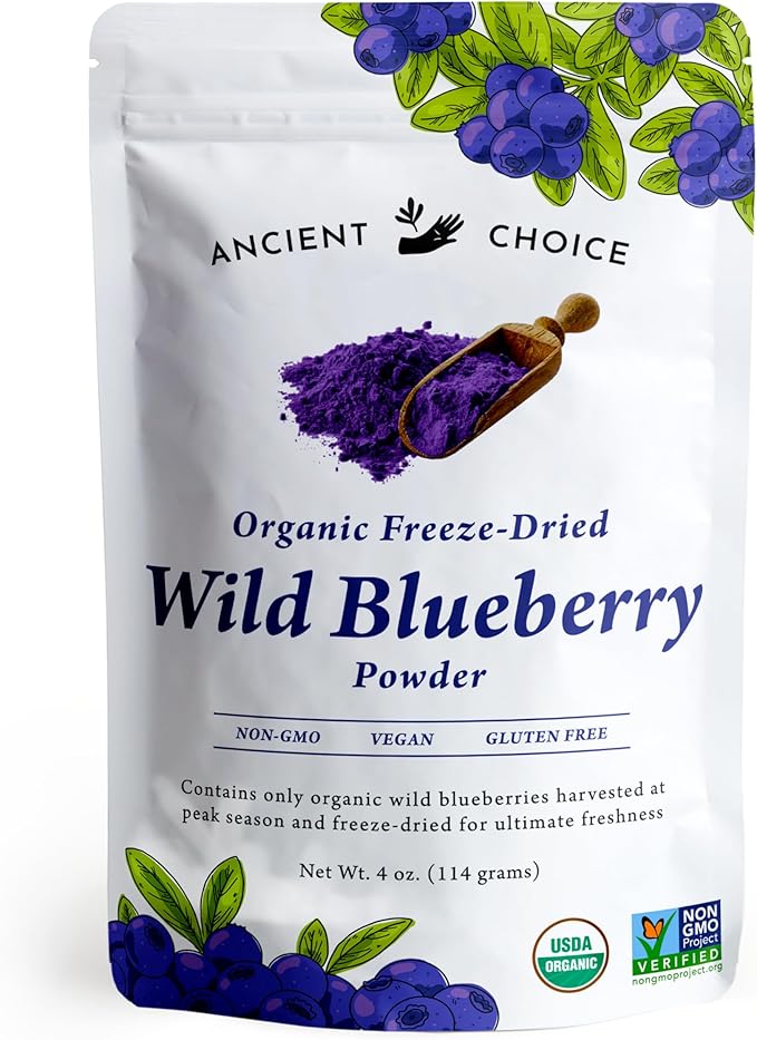 Ancient Choice - Wild Blueberry Powder (4 ounces) | USDA Organic | Freeze Dried | Non-GMO | Sourced From Pristine Countryside | Vegan Superfood | Vegetarian | Smoothie | Baking | Fiber | Prebiotic