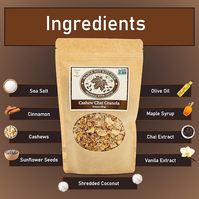 Maple Nut Kitchen Gluten Free Chai Granola with Cashews 3 Pack – Certified Gluten Free Oats Shredded Coconut Sunflower Seeds Maple Syrup – Healthy Low Sugar Breakfast Cereal Crunchy Natural Granol