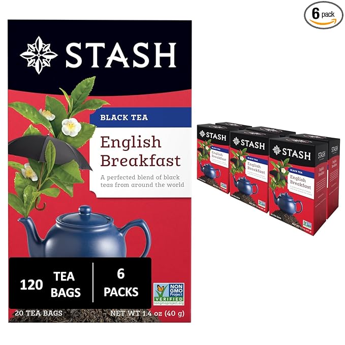 Stash Tea English Breakfast Black Tea - Caffeinated Non-GMO Project Verified Premium Tea with No Artificial Ingredients 20 Count (Pack of 6) - 120 Bags Total