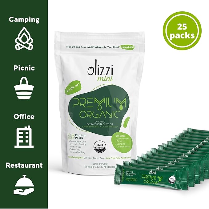 Olive Oil Packets - Olizzi Premium Organic Extra Virgin New Harvest Award Winning Early Harvest Cold Pressed USDA Organic Certified Single Serve Mini Salad Dressing To Go Individual Travel S