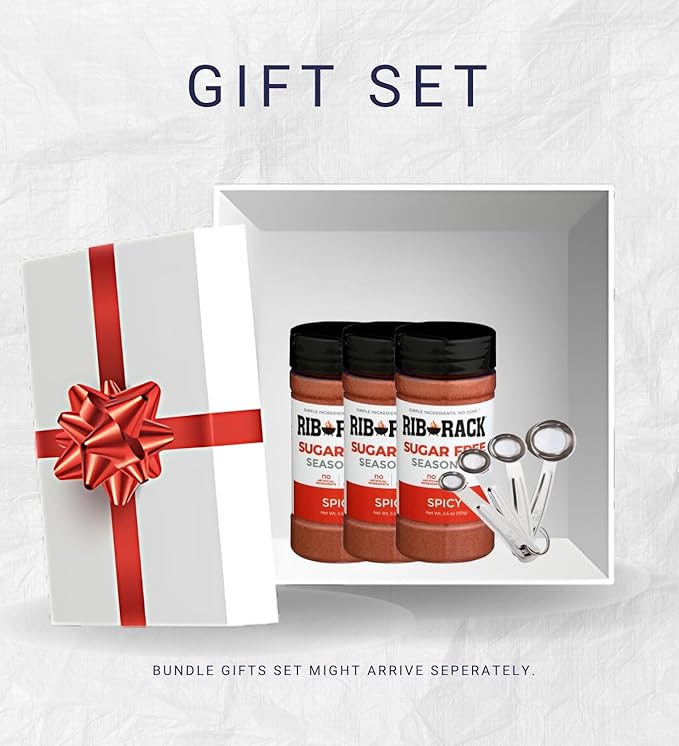 Rib Rack BBQ Sauce – 3x Rib Rack Ssnng Rub Spicy SF 5.5 OZ – Bundle with Measuring Spoon Set – Savory and Spicy Blend of Herbs and Aromatics for Cooking and Grilling – Gift Set (4 Items)