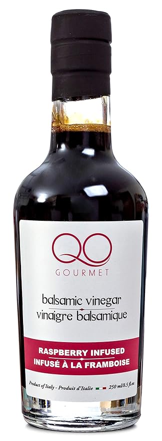 QO Gourmet Thick Flavored Aged Dense Balsamic Vinegar of Modena | High Density RASPBERRY Infused Italian Vinegar | 250ml/8.45 fl.oz. | All Natural | Produced &amp Bottled in Modena Italy