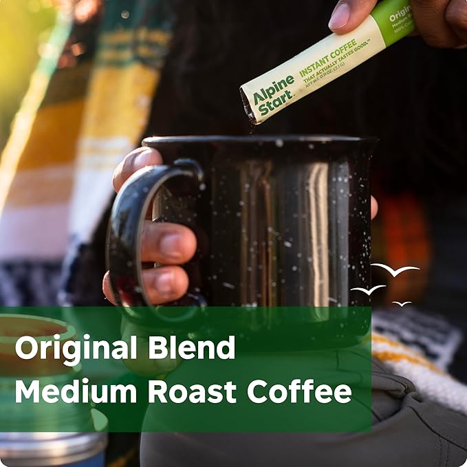 Alpine Start Instant Coffee Original Blend Medium Roast - Individual Powder Mix From High Altitude Arabica Coffee Beans - Hot or Cold Brew for Home Travel Camping Hiking Backpacking (Original Blen