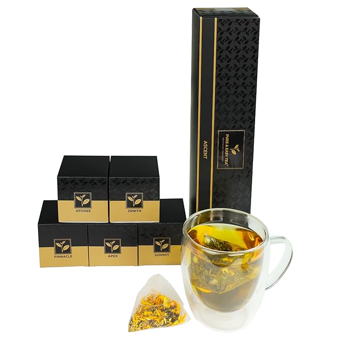 Pure And Easy Tea Ascent Premium Tea Sampler 15-Count Whole-Leaf Variety of Naturally Caffeinated Blends Designed for Focus &amp Clean Energy BPA-Free Pyramid Tea Bags Gift Box (52.5g)
