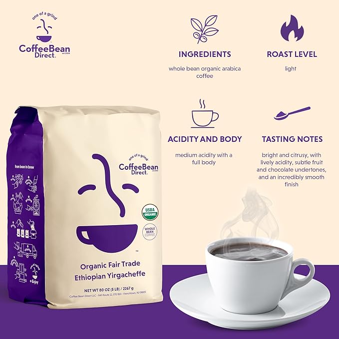 Coffee Bean Direct Organic Fair Trade Ethiopian Yirgacheffe Whole Bean Coffee Light Roast 5 Pound Bag (Pack of 1)