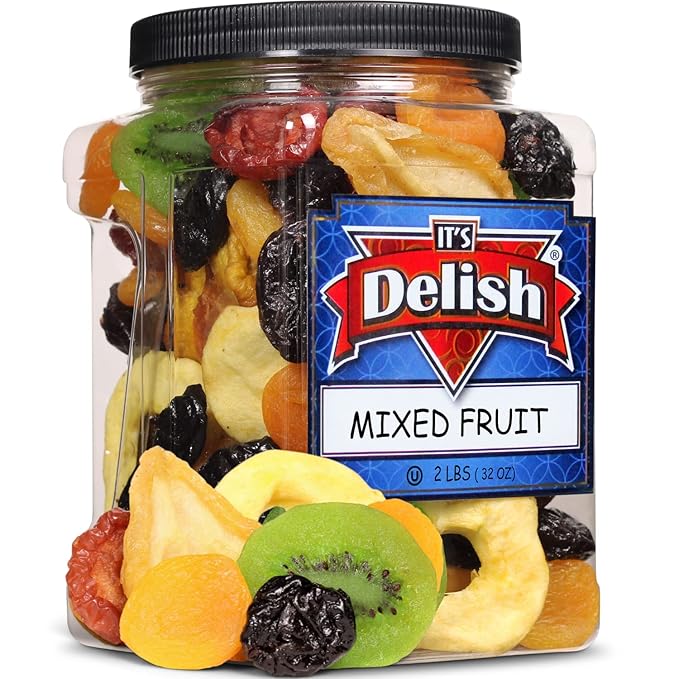 Dried Mixed Fruit with Prunes by It's Delish 2 lbs (32 Oz) Jumbo Container | Snack Mix of Prunes Apricots Plums Apple Rings Nectarines Peaches Pears Kiwi Slices | Dry Fruits - Vegan Kosher Hea