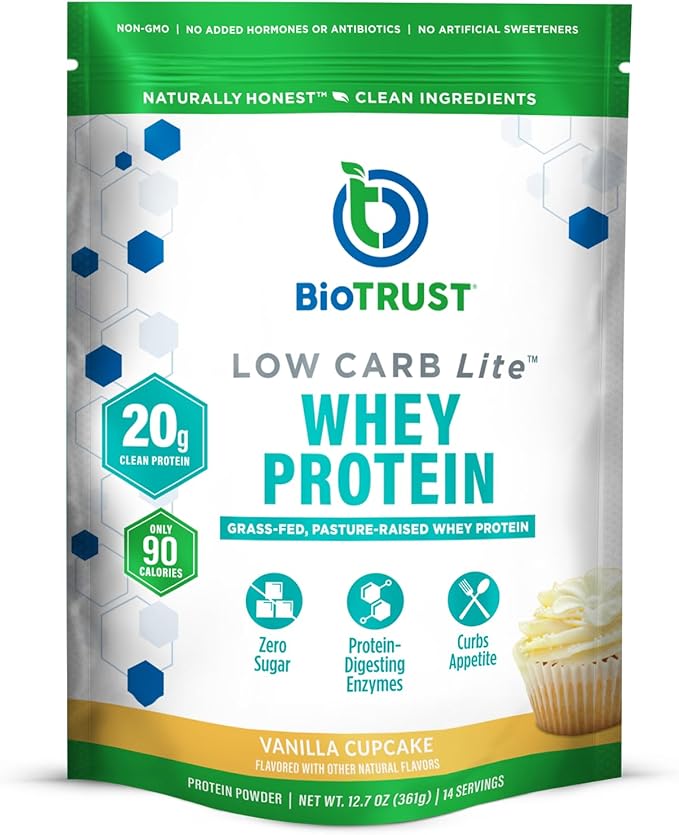 BioTrust Low Carb Lite 20 Grams of Grass-Fed Whey Protein Isolate 100 Calories ProHydrolase Digestive Enzymes Non-GMO Free from Soy and Gluten rBGH-Free (14 Servings) (Vanilla Cupcake)