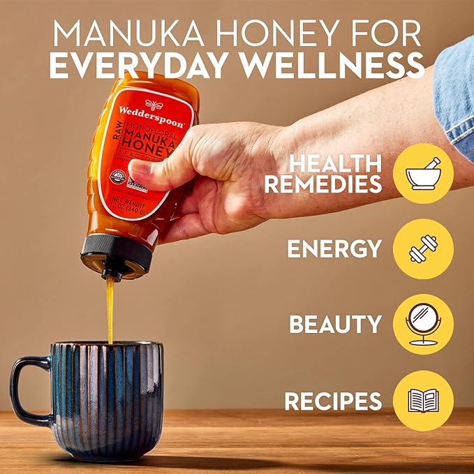 Wedderspoon Raw Manuka Honey Unpasteurized Genuine New Zealand Honey Multi-Functional Non-GMO Superfood Convenient Squeeze Bottle KFactor 16 12 Ounce