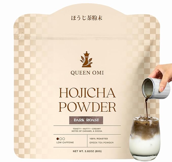 Queen Omi Organic Hojicha Powder | 80g | 100% Organic Japanese Roasted Green Tea Powder—Matcha &amp Coffee Alternative | Low Caffeine Antioxidant-Rich Smooth Toasty Nutty Flavor (Dark Roast)