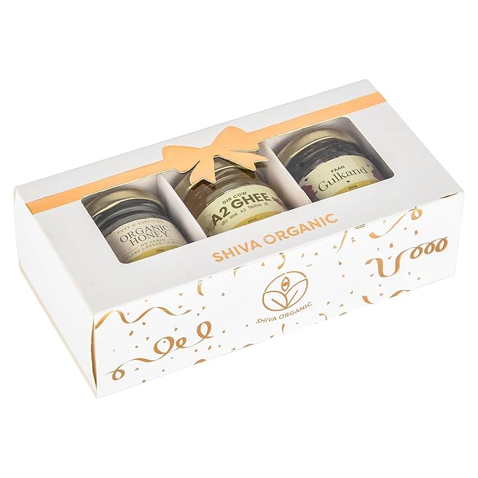 White and Gold Gift Box (50g each - Honey+A2 Ghee+Gulkand)