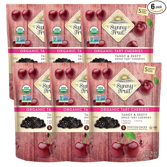 Sunny Fruit Soft Organic Dried Tart Cherries - 6 Bags (30 Individual Portion Packs) | No Preservatives | Healthy Convenient Snack Packs | ORGANIC NON-GMO VEGAN HALAL KOSHER