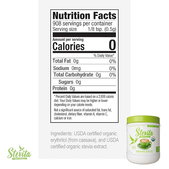 Stevita Organic Stevia - 16 oz Pack of 2 - Stevia &amp Erythritol All-Natural Sweetener No Calories - USDA Organic Non-GMO Vegan Keto Paleo Gluten Free - 1816 Total Servings